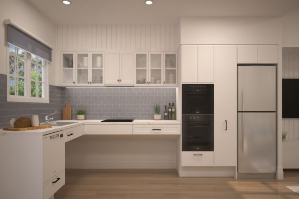 A kitchen area with a built in oven and steel refridgerator.