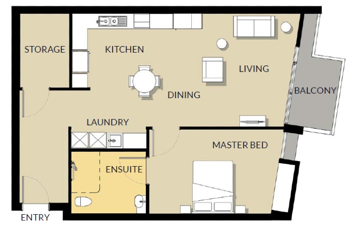 Floorplan for our 1-bedroom NDIS specialist disability accommodation in Murrarie, South Brisbane