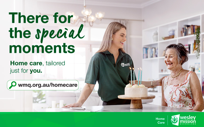 Home care worker with retiree and a birthday cake with tagline 'There for the special moments'
