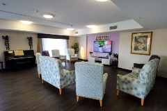Lounge room with piano, armchairs and television
