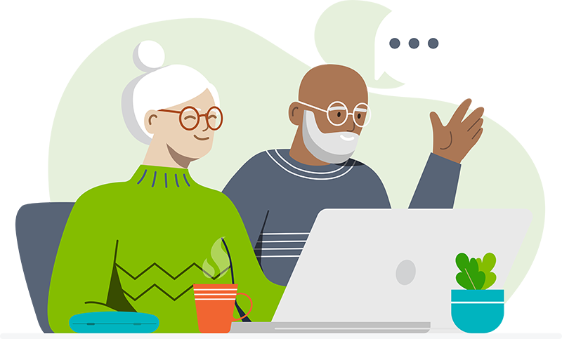 Support at Home calculator illustration shows senior couple at their laptop