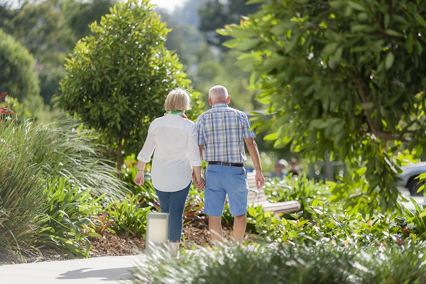 Couple walking away from camera through garden