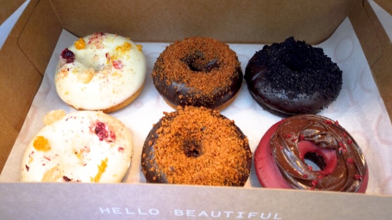 Box of six different flavoured donuts